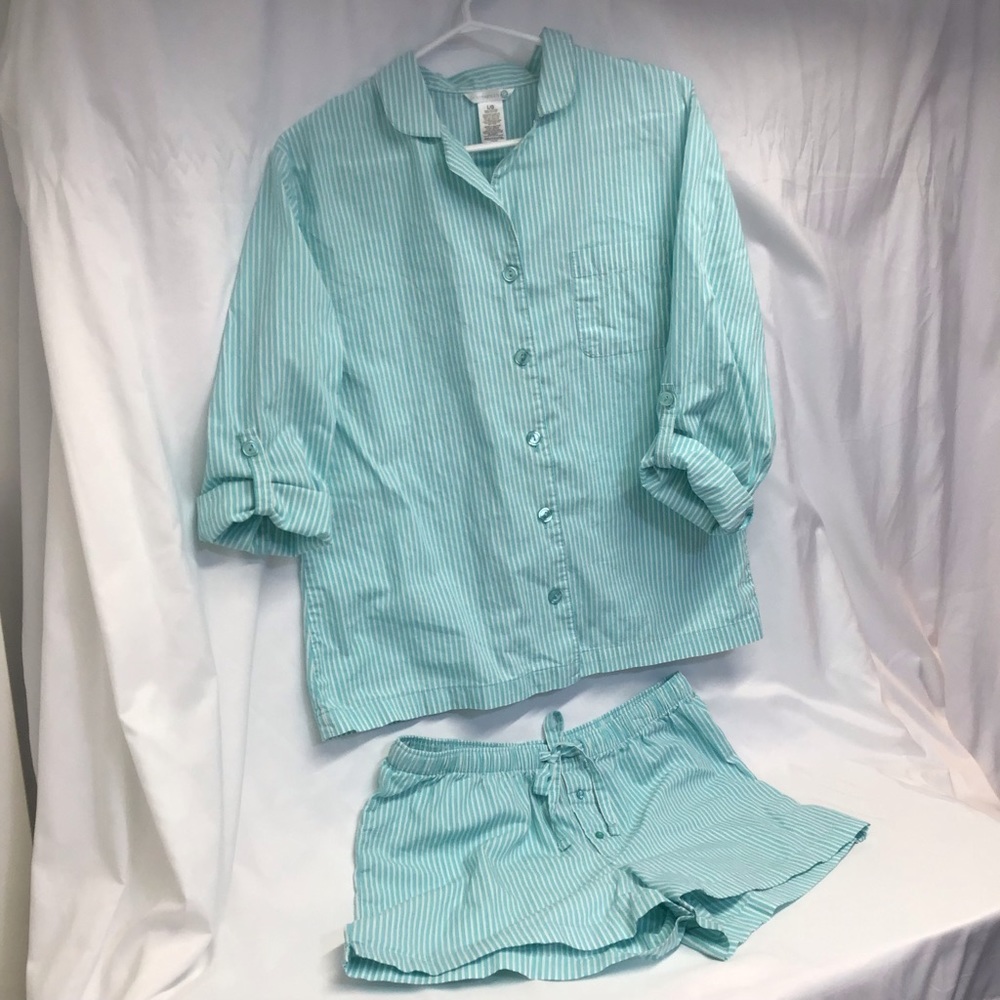Cotton jammies turquoise white stripe shorts and button front long sleeve cute